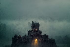 一座中世纪城堡位于薄雾中的岩石山上