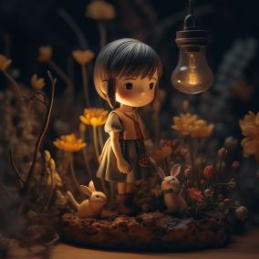 [V5] 一个可爱的小女孩在花丛中拿着灯笼