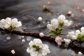 白色的樱花花瓣落在河流中