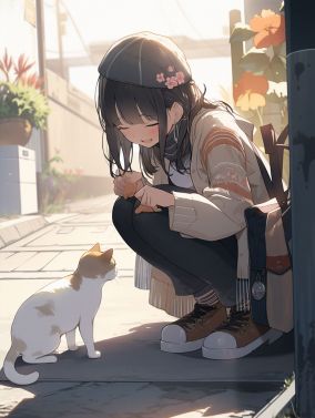 一个女人跪在人行道上抚摸一只猫